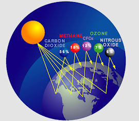 Greenhouse gases include CO2, Methane, Ozone, Nitrous Oxide, and CFCs