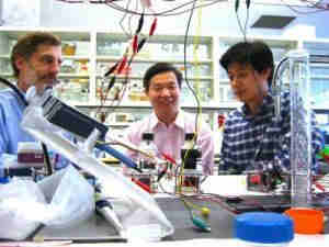 Team members with equipment for the electricity plus microbe to methane method