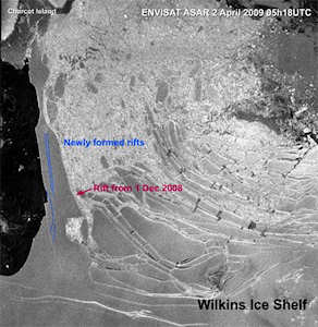 Shattering of the land bridge holding the Connecticut-sized ice shelf to the Antarctic peninsula