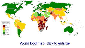 Map of world hunger in 2008, from World Food Program; click for larger map