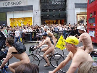 World Naked Bike Ride (WNBR) speaks for personal action, health, and a break from the corporate fossil fuel culture